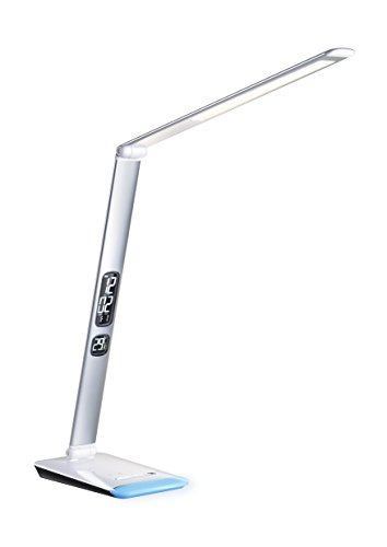 Preisvergleich Produktbild EXCELLENCE Tischleuchte LED mit Wecker, silber Augenschutz Stimmungslicht Aluminium / Hochwertige Schreibtischlampe dimmbar / Leselampe mit Uhr & Thermometer / Büroleuchte Tageslicht & Warm-Weiß