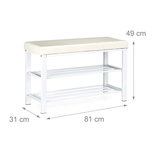 Relaxdays Schuhbank, offen, für 6-8 Paar Schuhe, Schuhregal zum Sitzen, Polsterung aus Kunstleder, HxBxT 49 x 81 x 32 cm, auf 2 Etagen, weiß - 3