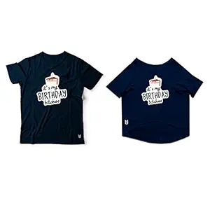 Ruse Twinning Basic Crew Neck It's My Birthday Bitches Part Two Printed Half Sleeves Dog and Unisex Pet Parent Tees Set.Colour-Navy/X-Large (Parents)/Small (Dogs)