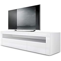 Vladon Meuble TV Bas Valencia, Corps en Blanc Mat/Façades en Blanc Haute Brillance avec Une Bordure en Blanc Haute Brillance