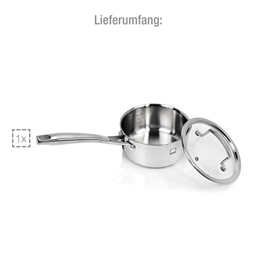 Sänger Premium Tri-Ply / 3-Ply Stielkasserolle 16 cm mit Glasdeckel und mattierten Edelstahlgriffen | Geeignet für alle Herdarten, auch Induktion | Mit Messskala 0,5 bis 1,5 Liter an der Innenseite - 5