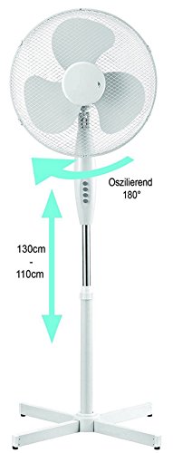 Standventilator | Ventilator | Stand Fan | Windmaschine | Ø 40cm, 55 Watt, 3 Geschwindigkeitsstufen | 180° Rotation | leiser Betrieb | Höhenverstellbar 95-125cm (Weiss)