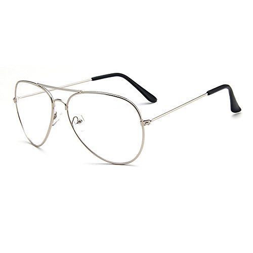 Preisvergleich Produktbild Skitic Retro Pilotenbrille Metallgestell Fensterglas Brille Ohne Stärke Durchsichtige Gläser Aviatorbrille Dekobrille - Silber