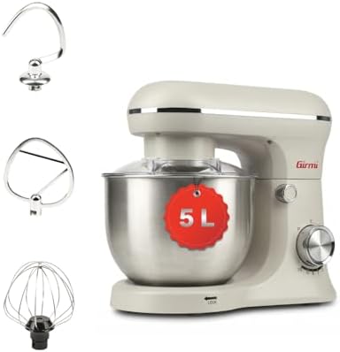 Girmi IM21W Impastatrice Planetaria 5L Gastronomo,1500W (max), Contenitore INOX con Paraschizzi, 10 Velocità + Pulse, Dispositivo di Sicurezza, Accessori inclusi, Gesso