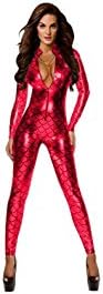 Ladies Metallic Fish Scales Pattern Jumpsuit Catsuit Playsuit Bodysuit Club Wear Fancy Dress Costume (Small, Red)