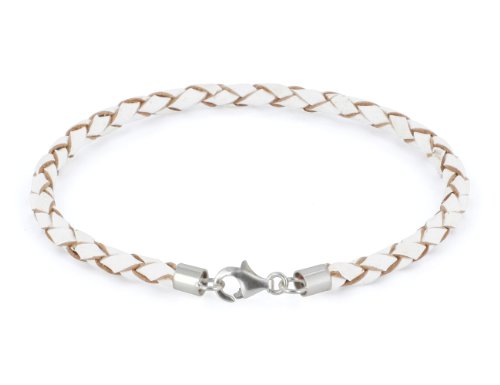 AURORIS Echtleder-Armband geflochten 3mm mit 925 Sterling-Silber Karabinerverschluss - Länge: 17cm / Farbe: weiß