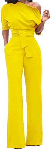 Holify Women's Elegant Half Sleeve Off the Shoulder Jumpsuits High Waist Romper with Belt