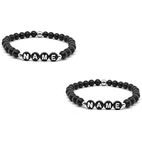 Mister Boncuk Black Love - Personalisiertes Couple Armbänder aus schwarzen Onyxsteinen mit Edelstahl zwischen Perlen. Armbänder für Paare - Partner - Pärchen - Namensarmband - Namensarmbänder - Ideal als Geschenkidee