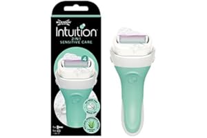 Wilkinson Sword Intuition 2in1 Sensitive Care, Confezione con 1 Manico, 1 Testina Montata, Rasoio Guadrilama Donna con Sapone Naturale, Contiene Aloe Vera