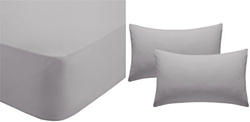 SILVER GREY COTTON BLEND KING SIZE FITTED SHEET &amp; HOUSEWIFE PILLOWCASES
