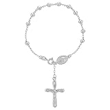 Tamaño de la pulsera: 18 cm. Pulsera de plata de ley 925 con medalla milagrosa virgen con crucifijo y rosario de 17,78 cm