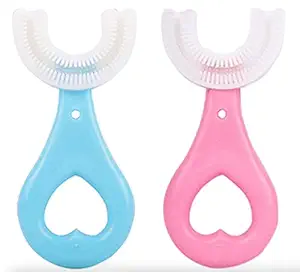 NEXT TO BUY Kids Toothbrush 360 Degree U-shaped For 2-6 Years Mouth-Cleaning Silicone Clean Brushing Kids Teeth Dental Care Hand-Held Version (PINK + BLUE)