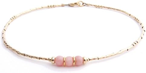 DAMALI Yellow Gold Filled Gemstone Beaded Anklet Pink Peruvian Opal - Med-9.5 In.