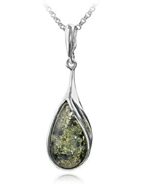 Grüner Bernstein Sterling Silber Tropfenform Anhänger Kette 46 cm