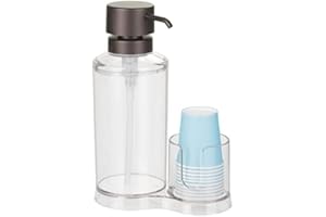 mDesign Transparent Pump Dispenser for Mouthwash - Ideal Aid for Oral Hygiene - Integrated Cup Holder for Cardboard and Plastic Cups - Plastic - Maximum Filling Capacity 581 Ml