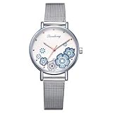 AchidistviQ-Rural Damen-Armbanduhr, Blumenmuster, Keine Zahlen, Quarz, analog, rundes Zifferblatt, Blau