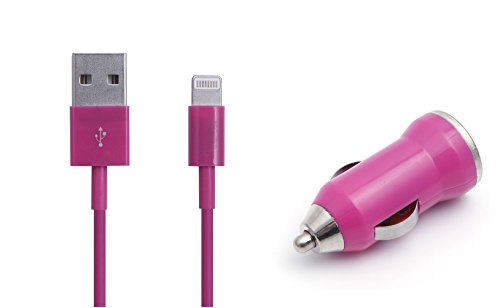 iProtect 2in1 SET mit USB Ladekabel Datenkabel und KFZ Adapter Autoladegerät für iPhone 5 G, iPhone 6, iPhone 6s, 7, 7 Plus, iPod Touch 5G, iPod Nano 7G in pink