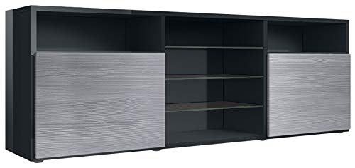 Vladon Meuble TV Bas Granada, Corps en Noir en Haute Brillance/Façades en Avola-Anthracite