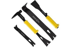 MANUFORE Lot de 4 Outils de Démolition Jaunes : 2 Pieds-de-biche Plats en Acier (30 cm et 19 cm), 1 Arrache-clou avec Tête Marteau et Poignée Antidérapante, 1 Ciseau de Maçon (23 cm)