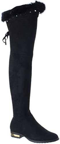 Miss Image UK Ladies Womens Low Flat Heel High Over The Knee Boot Fur Studs Zip Boots Size [Black Faux Suede/Bow UK 8/EU 41/US 10]