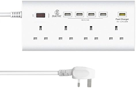 Extension Lead with USB Slots. White. Featuring 4 Way Mains Sockets. 1 x QC 3.0 Port 4 x USB Charging Ports. Surge Protection Power Electric Sockets. 1.8M Mains Cable Lead. Durable, Built to Last.
