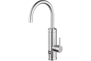 Fudeer 220V Electric Hot Water Tap for Kitchen, 3.3Kw Instant Hot Water Faucet, 360°Rotate Stainless Steel Water Heater Tap with Digital Display 30-45℃(Silver)