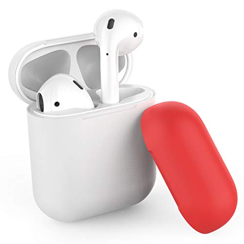 AhaStyle Ultra Thin Airpods Case Cover Silicone Protective Skin for Apple Airpods Charging Case(Body-White/Top-White,Red)