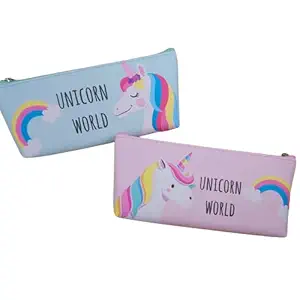 ALMOSTHERE Unicorn World Pencil Case Pencil Pouch Storage Bag Travel Pouch Messenger Bag Pencil Pen Color Holder Unicorn Stationery Zipper Closer PU Leather Pencil Pouch for Girls (Pack of 2)