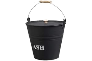 Unibos | Metal Ash Bucket With Lid Wooden Handle Fireplace Container Litre Black Coal | Wooden Handle & Lid Handle | Log Holder | Fireplace Fire Pit Wood Burning Stove Bin | 12L
