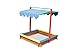 Produktbild schöner Sandkasten aus farbigen Holz mit höhenverstellbarem Dach B118 x T118 x H130 cm