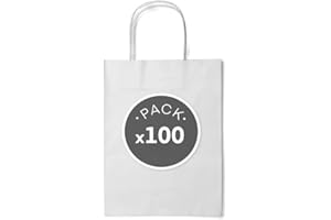 LIBERGRAFIC Bolsas de Papel con Asas I Bolsa de Papel para Compra Resistentes I Bolsas para cumpleaños, Regalos, Fiestas, Bolsas para Tiendas (100, Blanco, 20x24x8cm)