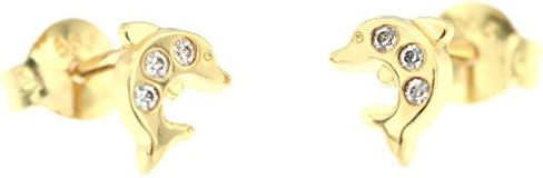 ERCE Dolphin Earring Studs with Cubic Circonia, 14 ct. Gold 585, Size 6 x 5 mm, in Gift Box