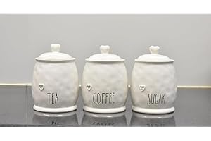 DEENZ Set Of 3 Durable Ceramic Tea, Coffee & Sugar Kitchen Storage Heart Lid Jars/Canisters Shabby Chic Love Motif Barrel Name Labelled Food Preservatives 12 X 12 X 17 Cm (WHITE)