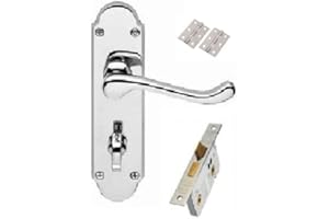 Golden Grace Epsom Design Victorian Shaped Backplate Scroll Style Bathroom Door Handle 170mm X 40mm Polished Chrome with Bathroom Mortise Lock Set with 1 pPair of 3" Hinges