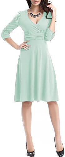 QIYUSHOW 3/4 Sleeve V-Neck Ruched Waist Solid Casual Church Fancy Dress (L, Mint Green)