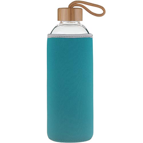 Ferexer Sports Botella de Agua de Cristal de Vidrio de Borosilicato con Tapa de Bambú y Funda de Neopreno 1000 ml Azul