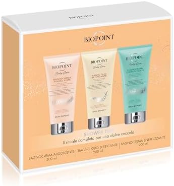 Biopoint - Set Regalo Bagnoschiuma: Bagnocrema Addolcente, Bagno Olio Setificate, Bagnocrema Energizzante - Nutre e Deterge con Delicatezza, 200mlx3
