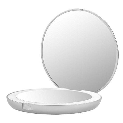 Jerrybox Kosmetikspiegel mit Beleuchtung Doppelseitiger Make Up Spiegel mit 1x/5x Vergrößerung LED Beleuchteter Taschenspiegel Schminkspiegel für unterwegs, Kompakt und Tragbar, Klappbar, Batteriebetriebend, Rund, Silber