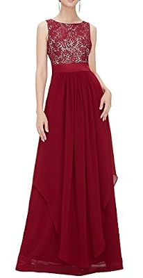 Bigood Robe de Cocktail Longue Femme Dentelle Robes Cérémonie Mariage Sans Manche Elégant Rouge Bust 96cm