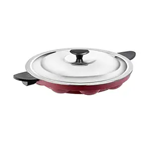 HOMEST Aluminum 12 Cavity Non Stick Appam Patra with Steel Lid (Red, Colour May Vary, Matte Finish)