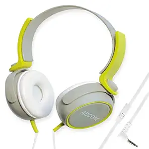 Adcom Junior Studio Wired On-Ear Stereo Headphones with Microphone, Adjustable Leather Padded Cushions and 40mm Drivers (Grey/Green)