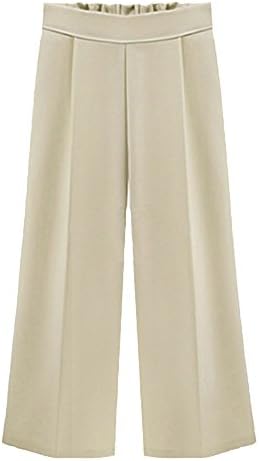 Qitun Womens Chiffon Wide Leg Cropped Pants Elastic Waist Plus Size Trouser Casual Office Work Formal Trousers Long Beige 5XL