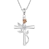 BlingGem Collier pour Femme Croix Rose en Plaqué Or Blanc Argent 925/1000 avec Oxyde de Zirconium Rond Rose Fleur Pendentif Collier Fille,48 cm