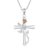 BlingGem Collier pour Femme Croix Rose en Plaqué Or Blanc Argent 925/1000 avec Oxyde de Zirconium Rond Rose Fleur Pendentif Collier Fille,48 cm