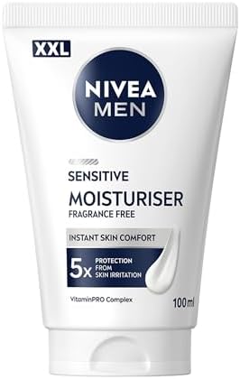 NIVEA MEN Sensitive Crema Idratante XXL 100 ml, Crema viso uomo in maxi formato per 5x protezione dalle irritazioni, Skincare uomo con formula idratante 24h senza profumo per pelli sensibili