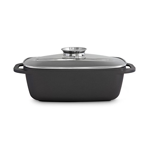 Aluguss Bräter 2 tlg. mit Glasdeckel und integriertem Aromaknopf (34 x 25,5 x 9,5 cm ) von K & G seit 1948 robuster Alugussbräter mit Dampfloch (6 l) antihaft / Teflon beschichtet - 2