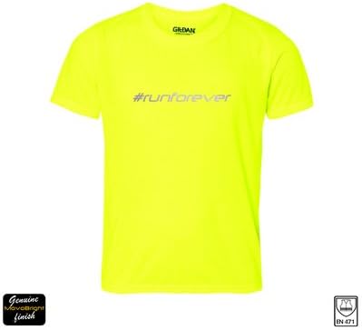 Hashtag T-Shirt for Runners with #runforever in Hi Viz Reflective Lettering 3M Retro Reflective Material. Mens Summer 2014 Running Tee Shirt is High Quality Gildan Brand in Bright Fluorescent Yellow with the hash tag #runforever applied using MovoBright procceses to create a stylish tshirt for Men. Ideal safety gift for runners. Increase visibility by road users from up to 300m away. Available in Small, Medium, Large and Extra Large.
