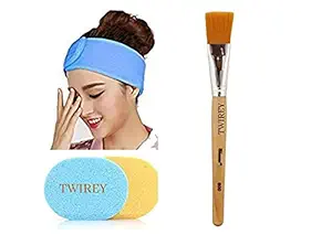 TWIREY Womens Polycotton Stretchable Elasticized Adjustable Facial Headbands and Face Pack Brush and Face Cleaning Sponges (1PCS EACH COMBO)