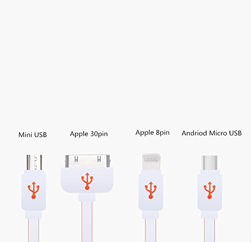 J2CC Multi Ladegerät einziehbar 4 in 1 Multiple USB Ladekabel Adapterstecker mit 8 Pin Lightning / 30 Pin / Micro USB2.0 / Mini USB-Ports für alle iPhone, iPad, iPod, Android, Amazon Kindle, mp3, mp4, Power Bank, Auto Aufladeeinheit und mehr (100cm, weiß + orange) - 5