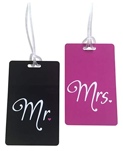 Etiqueta Mr & Mrs - Etiqueta Luna de Miel - Honeymoon Etiqueta para Equipaje - Identificador para Maleta con Campo de Dirección- Regalo de boda, Despedida de Soltero, Bridal Shower- 2 pc.-NEGRO/FUCSIA
